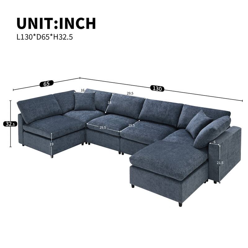 130" Chenille Modular Cloud Sofa with Ottoman, U-Shaped 6-Seater, 330lb Capacity
