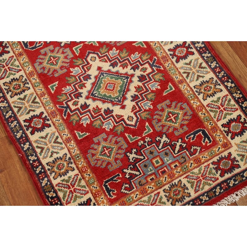 Red Geometric Kazak Accent Rug Handmade Traditional Wool Carpet - 2'0" x 3'0"