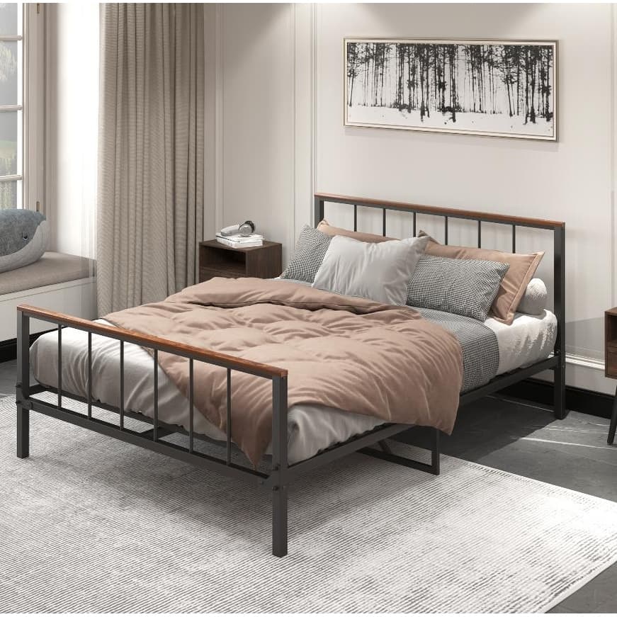 Black Queen Platform Bed Frame Metal with Headboard and Footboard - Sturdy Build, No Box Spring Required