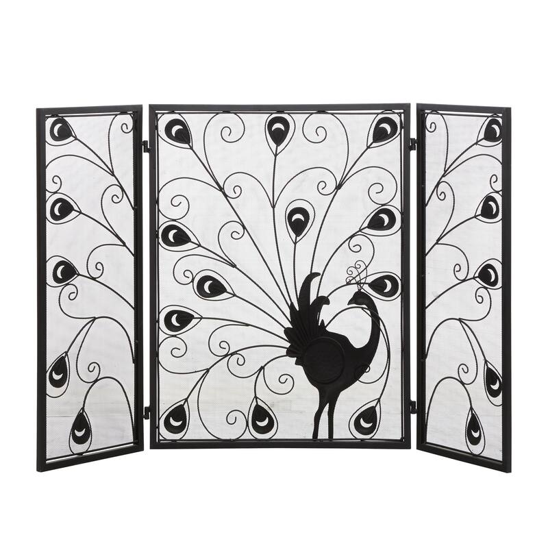 Blue Metal Rainbow 3 Panel Peacock Fireplace Screen with Crystal Accents and Black Frame