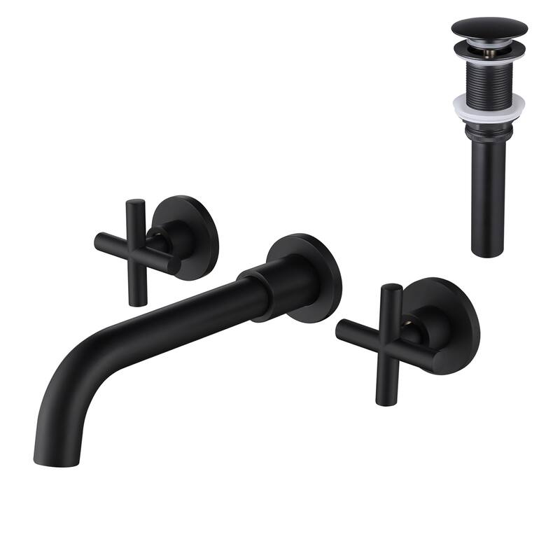 Wall Mounted Dual Handle Bathroom Sink Faucet with Pop-Up Drain (No Overflow) - Matte Black