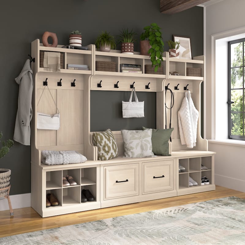 Woodland Hall Tree and Small Shoe Bench with Drawer by Bush Furniture