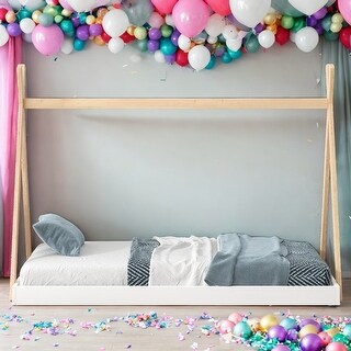 Twin Size Tent Floor Bed with Triangle Structure, Safe Design, Easy Access, White + Natural Finish