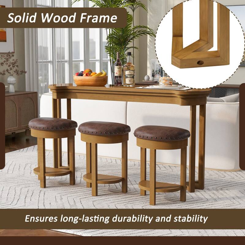 4-Piece Counter Height Dining Set, Solid Wood Kitchen Table with 3 Padded Stools