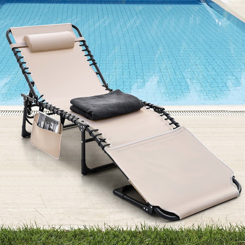 Outdoor Adjustable Textilene Lounge Chair Folding Tanning Chair with Pillow - Black and Khaki