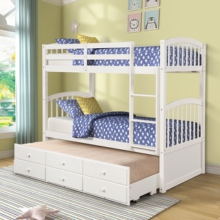Twin Over Twin Solid Wood Bunk Bed with Trundle & Ladder, Safety Rail ...
