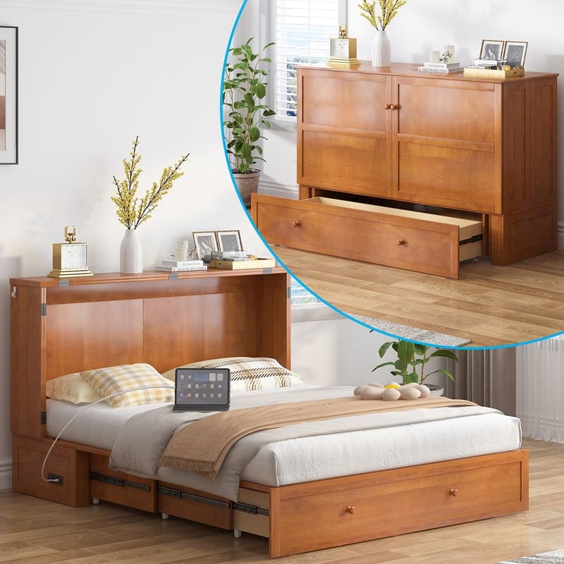 Mixoy Queen Horizontal Murphy Chest Bed with Mattress,Charging Station - Cherry - Queen
