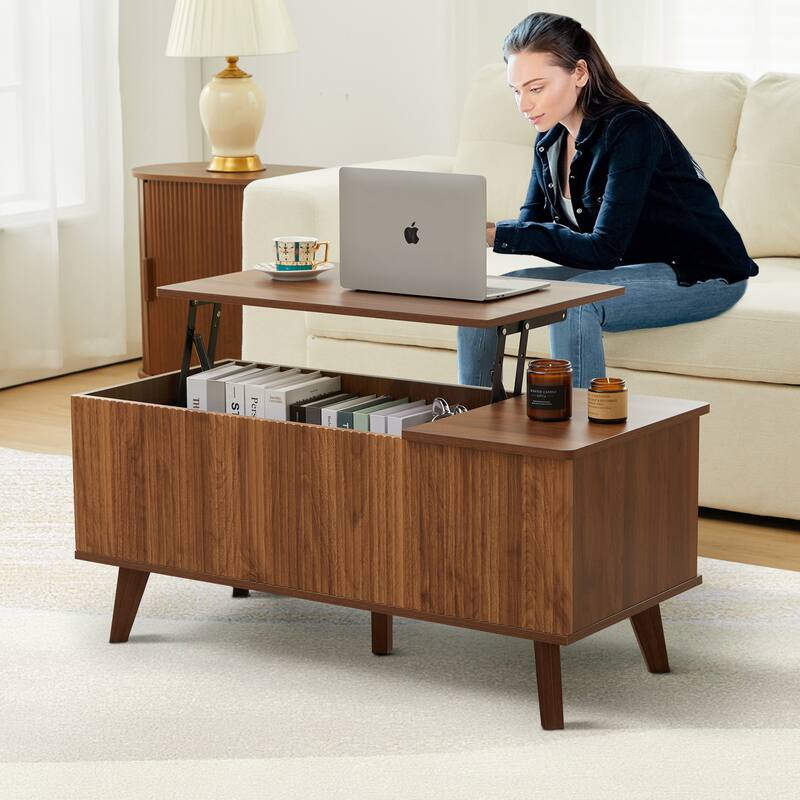 Wood Rectangular Lift-top Coffee Table Open Shelf
