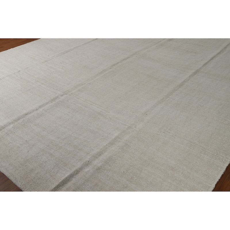 Hand Woven Oriental Cotton Carpet Modern Solid Beige & Ivories Kilim Area Rug - 12' 4'' X 9' 9''