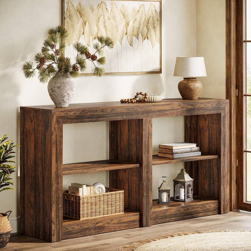 59 Inches Farmhouse Console Table, 3 Tiers wood Entryway Table - Rustic Brown