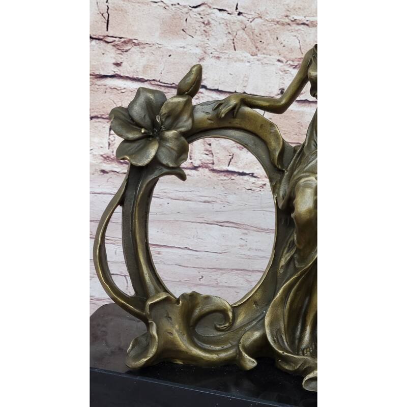 Art Nouveau Bronze Lady Figural Picture Frame Hot Cast Detailed Maiden Sculpture