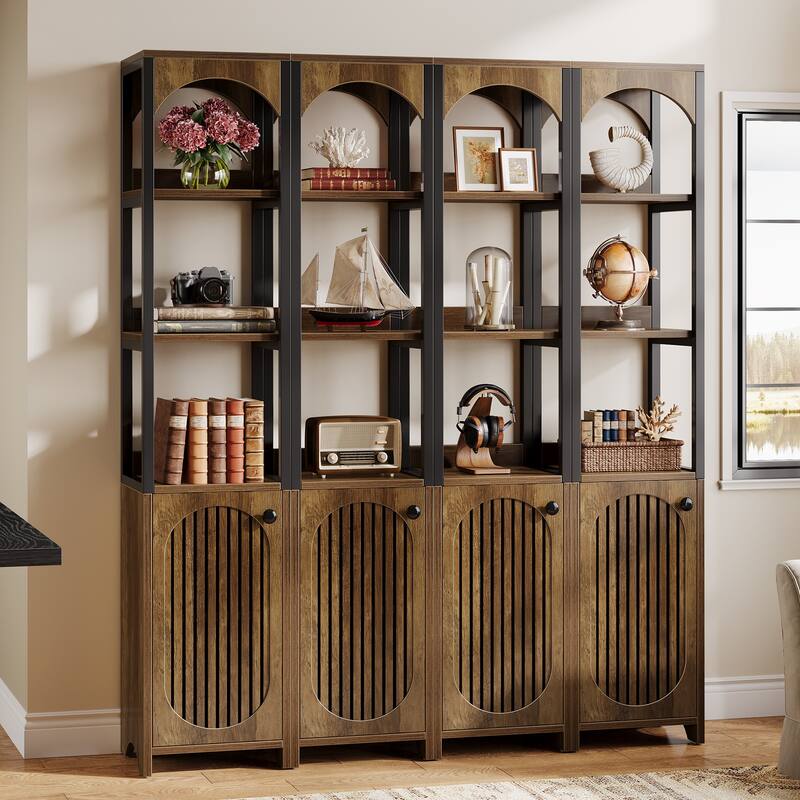 70.87" Tall Narrow Bookshelf with Louvered Door Cabinet, Industrial Corner Shelf for Living Room