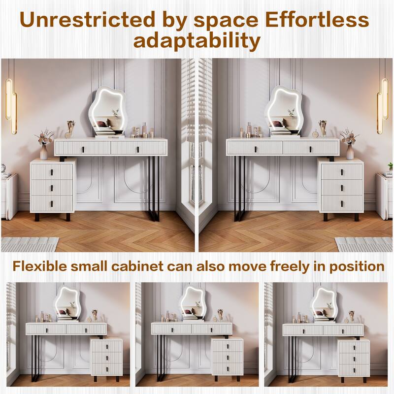 Adjustable-Length Vanity with Cloud LED Mirror - Modern Makeup Table with Storage Drawers & Side Cabinet, Ribbed Texture Design