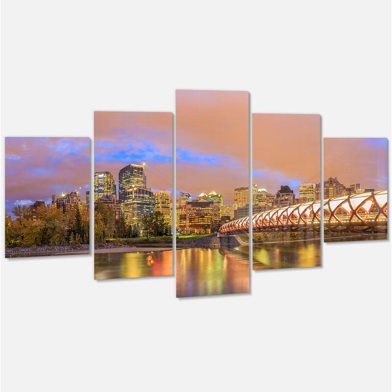Designart 'Calgary at Night' Cityscape Photography Metal Wall Art Bed