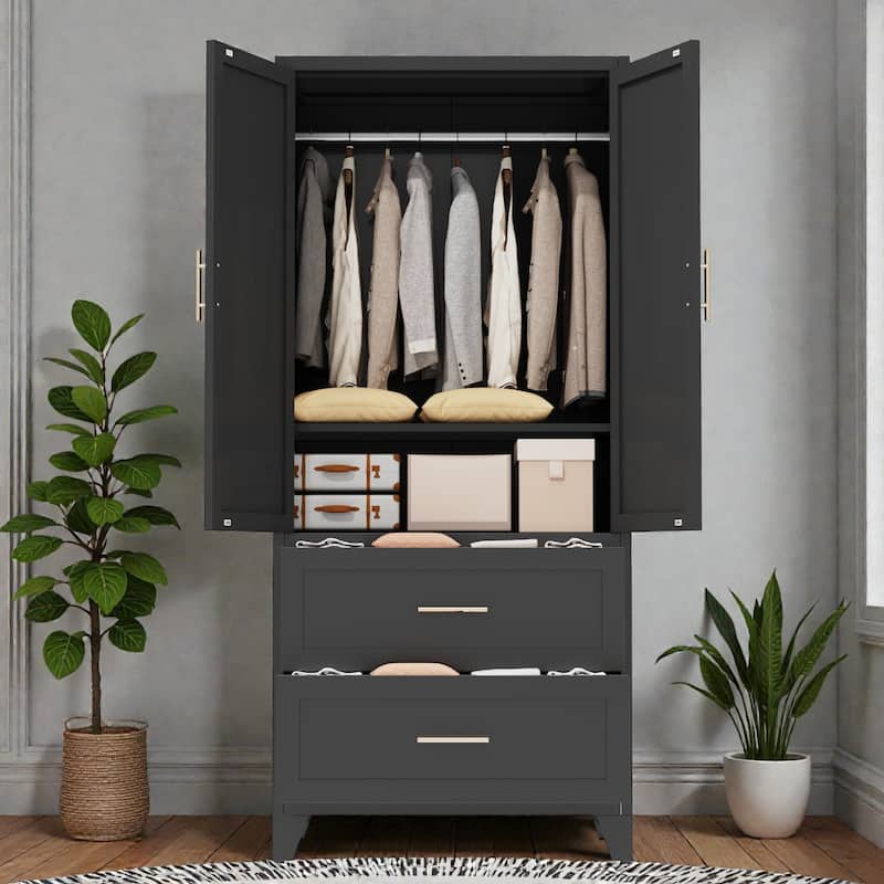 71 Inch Tall Metal Wardrobe Cabinet with 2 Drawers and Hanging Rod, 2 Door Steel Closet with Shelf for Bedroom