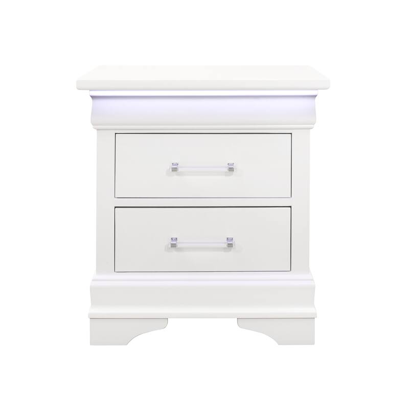 White Nightstand with LED Lighting and Spacious Drawers - White
