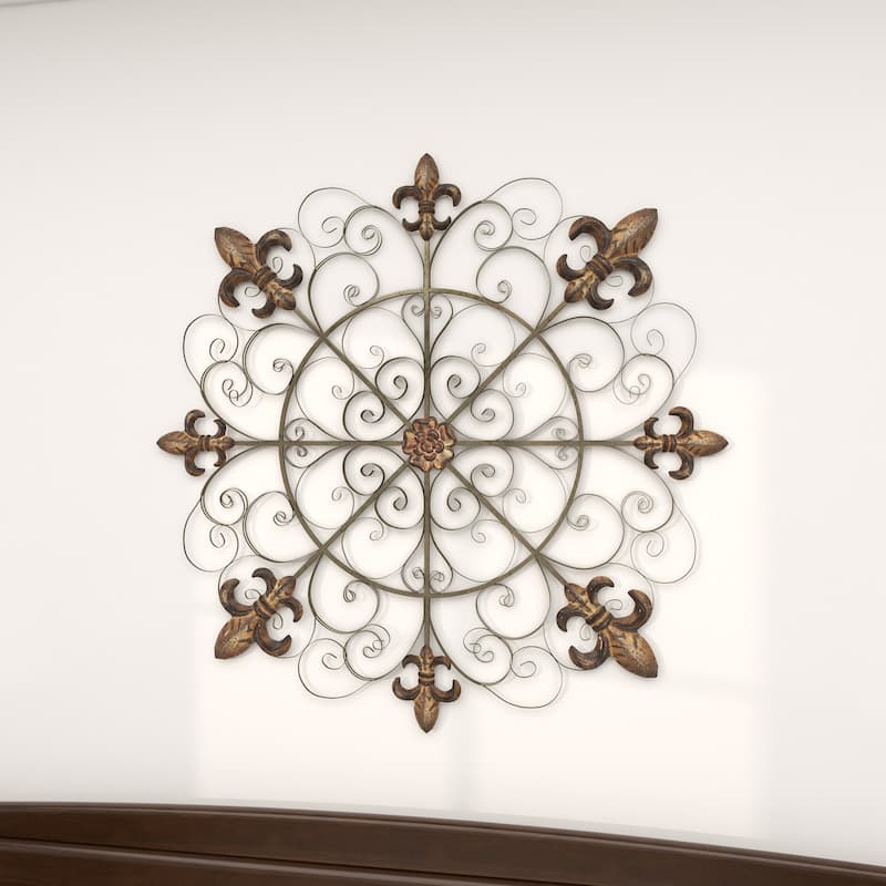 Brown Metal Medallion Fleur De Lis Home Wall Decor with Detailed Scrollwork