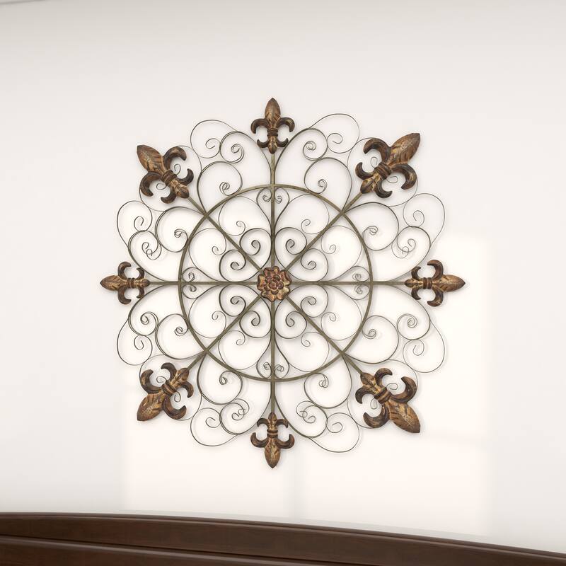 Metal Fleur De Lis Medallion Home Wall Decor with Detailed Scrollwork - Brown - Roche River Decor
