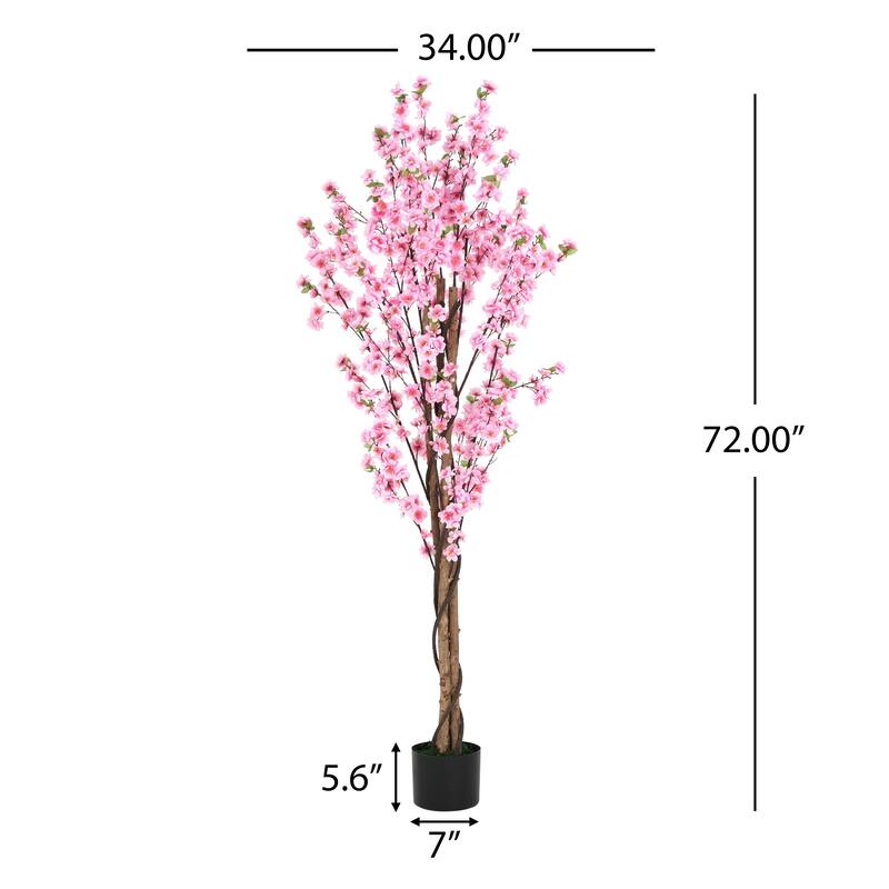 Roomfitters 6' Artificial Peach Blossom Tree with Black Plastic Pot, Lifelike Pink Flower Décor for Home & Office