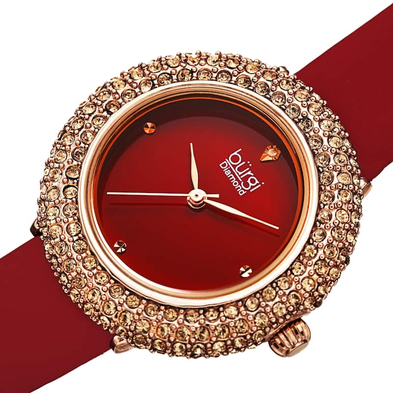 Burgi Ladies Vibrant Colorful Swarovski Crystal Diamond Satin Leather Strap Watch - Royal Red