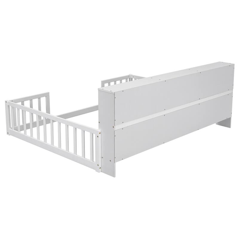 Full Floor Bed with Side Bookcase,Shelves,Guardrails