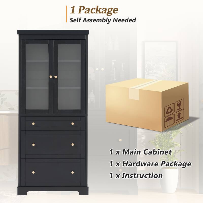 70.1" Modern High Freestanding Tall Bathroom Cabinet with 2 Adjustable Shelves, 3 Drawers, Soft Close Glass Doors