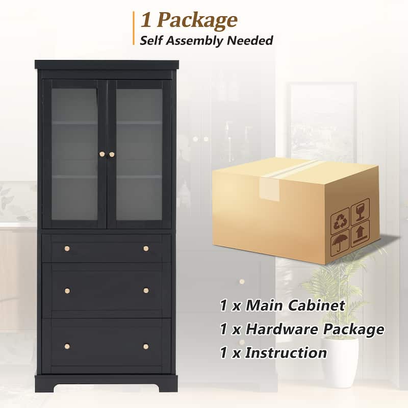 Modern Bathroom Storage Cabinet with Glass Doors and Drawers, Tall Freestanding Floor Cabinet with Adjustable Shelves