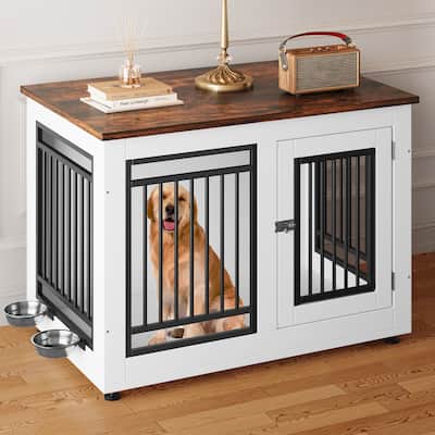 Moasis Dog Crate Furniture, End Table with Feeding Bowls