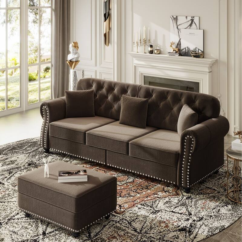 82.6" Velvet Sofa with Button Tufted, 3 Pillows and 1 Ottoman - Brown