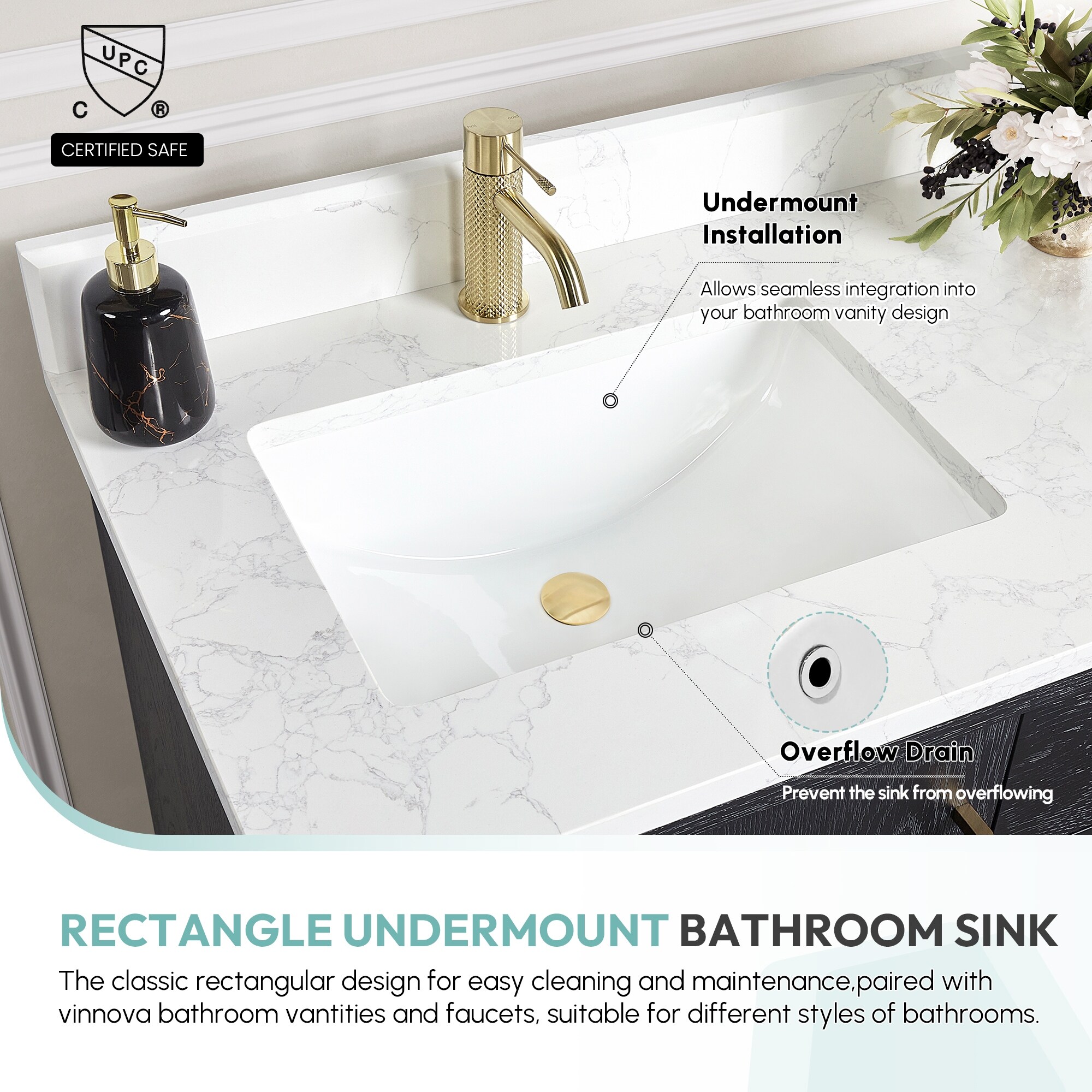 Lyon Rectangular Ceramic Undermount Bathroom Sink with Overflow