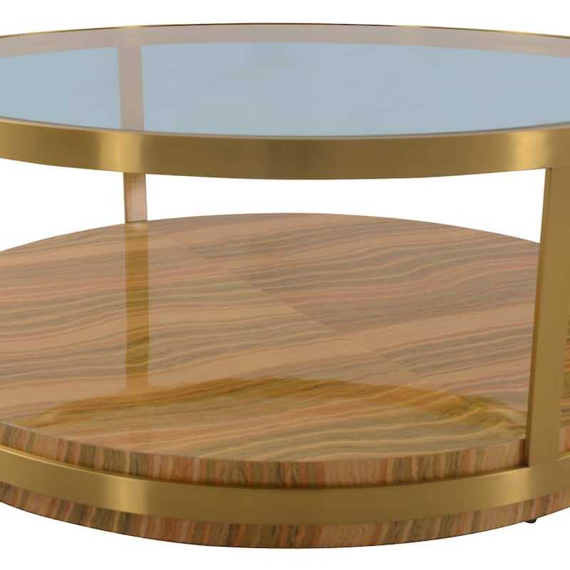 HomeRoots 43" Clear Gold And Brown Glass Wood and Metal Round Coffee Table With Shelf - 43' X '18' X '43