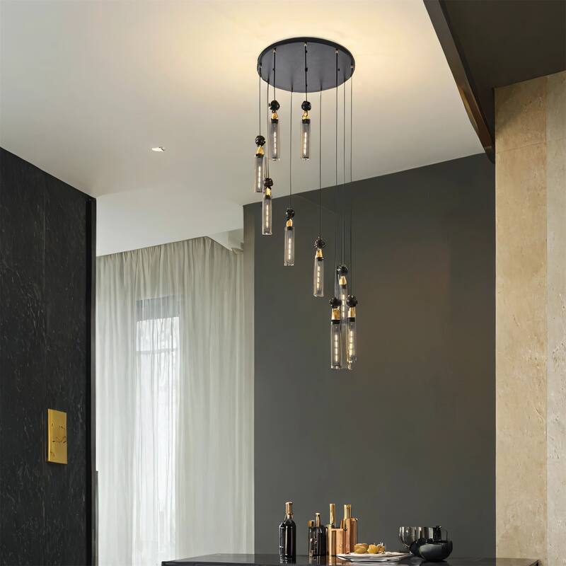 24" Modern Industrial 9-Light Pendant Chandelier - Black