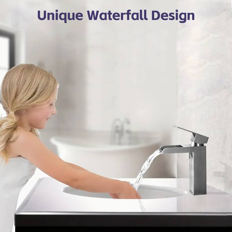 Modern Waterfall Single Handle Bathroom Sink Faucet with Overflow Pop Up Drain, Anti Corrosion and Rust Resistant
