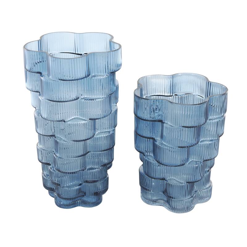 Glass Ribbed Stacked Flower Decorative Vase - Set of 2 Brown or Blue - Roche River Decor