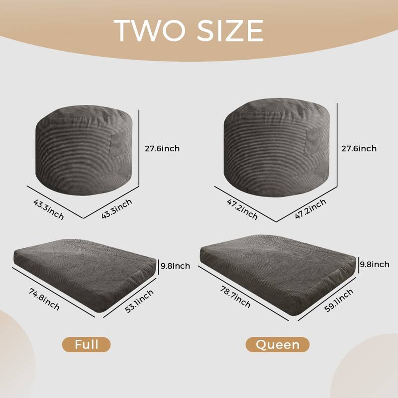 Giant Bean Bag, Corduroy Convertible Beanbag Folds from Lazy Chair to Floor Mattress Bed