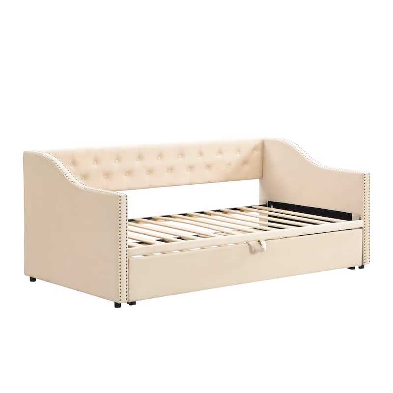 Beige Twin Upholstered Daybed with Pop-Up Trundle