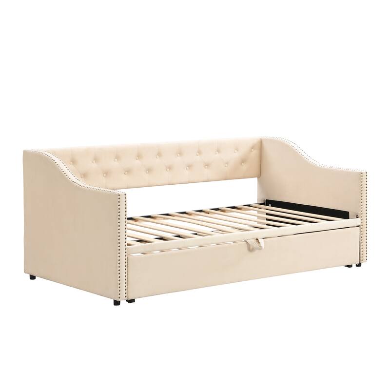 Upholstered Daybed with Pop up Trundle, Twin Size Daybed Frame with Extendable Trundle, Tufted Sofa Bed with Wood Slat Support