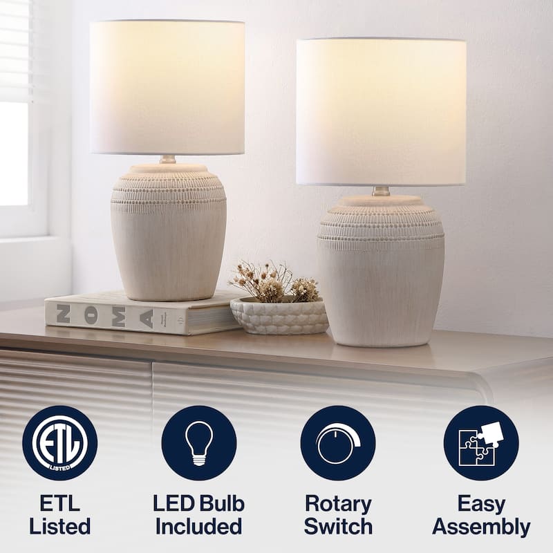 Hugo 16.75" Traditional Rustic Reeded Ceramic Vase LED Table Lamp (Set of 2)