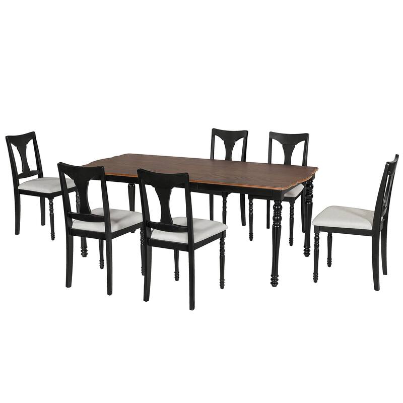 7-Piece Dining Table Set,Extendable Wood Dining Table with Removable Leaf, Kitchen Table Set with 6 Upholstered Side Chair