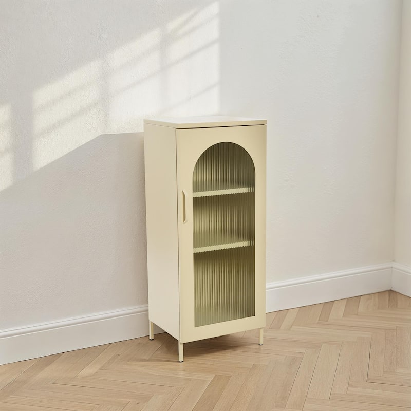 Solstice Metal Accent Cabinet with 2 Adjustable Storage Shelves and Arched Glass Door - Cream