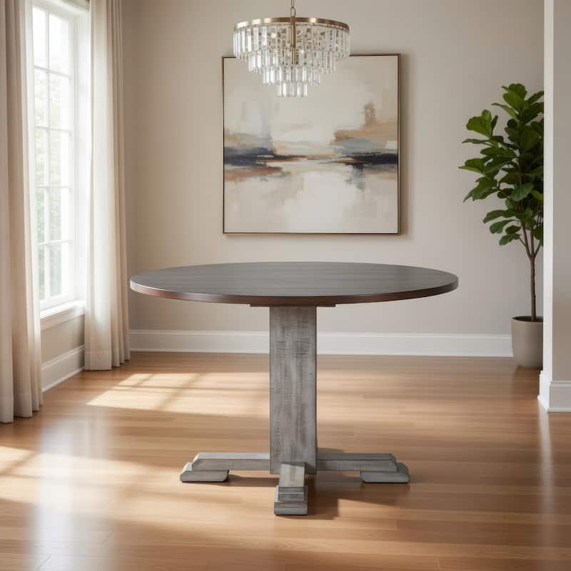 Camie Dining Table, 40 Inch Brown Round Top w Drop Leafs, Rustic Gray