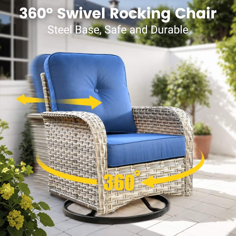 OVIOS 10 Pieces Outdoor Wicker Swivel Chair Set With Solar-Powered Coffee Table