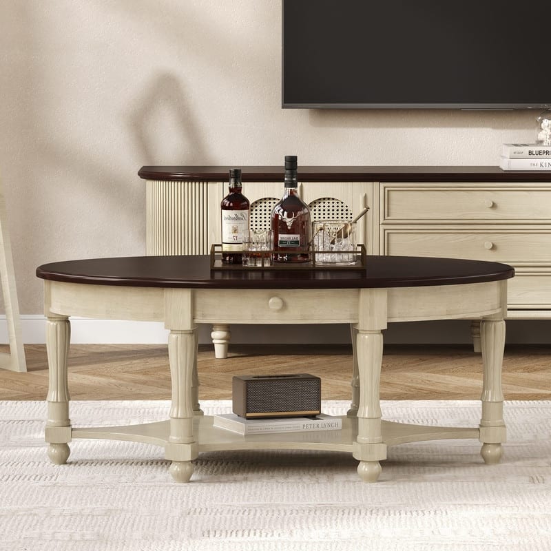 Vintage 45" Oval Coffee Table with Drawer and Storage Shelf, Elegant French Country Living Room Accent Table