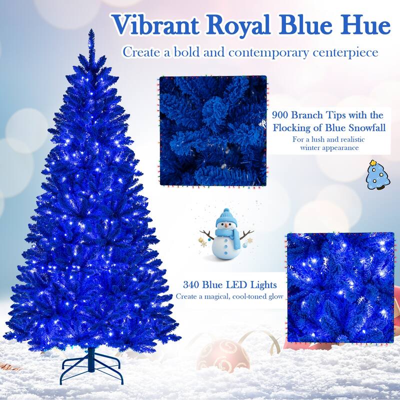 Gymax 7 FT Artificial Christmas Tree w/900 Branch Tips 340 LED Lights - Royal Blue