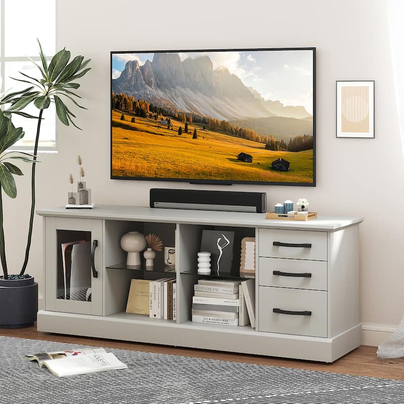 Gymax 63'' Media Console Table w/ 3 Drawers 2 Glass Shelves Cable