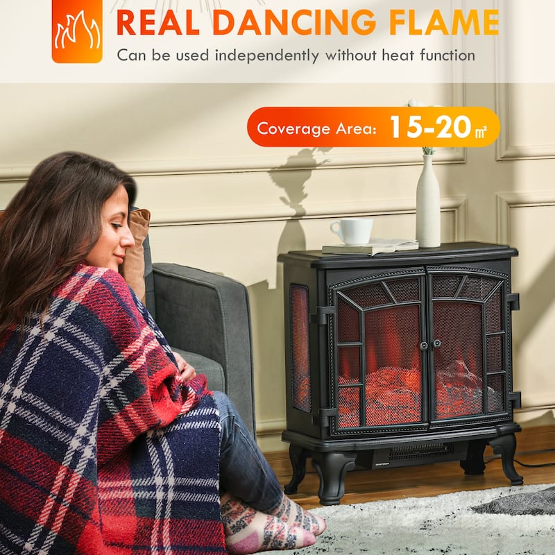 HOMCOM 25" Electric Fireplace Wood Stove, Freestanding Fireplace Heater, Timer and Remote Control, 750W/1500W, Black