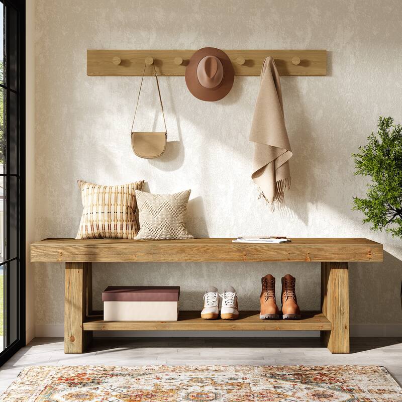 63" Solid Wood 2-Tier Entryway Bench with Open Shelves, Dining Bed End Accent Seat for Dining Room Living Room Hallway Bedroom