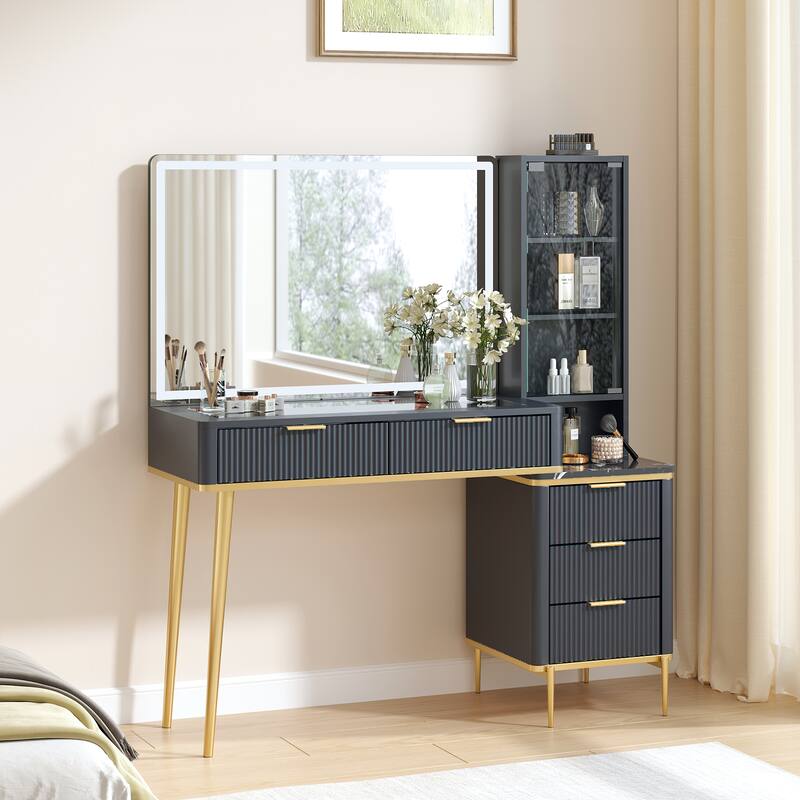 Modern Fluted Makeup Vanity Desk with Lighted Mirror, Dressing Table - Black