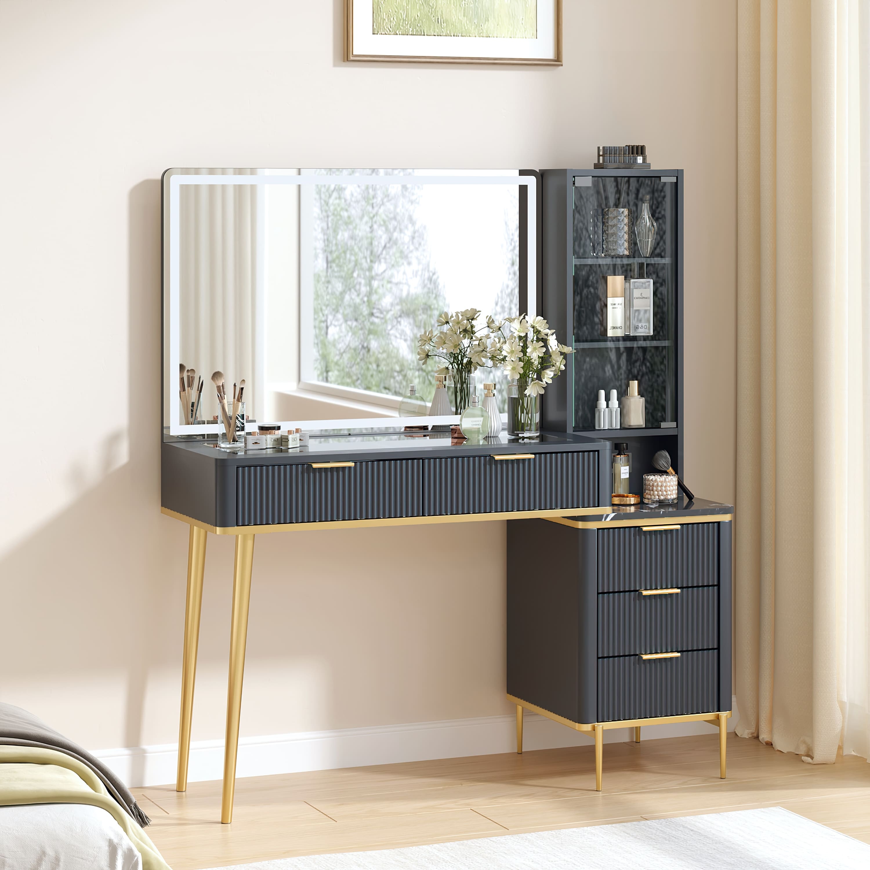 grey dressing table with light up mirror Modern Fluted Makeup Vanity Desk Lighted Mirror, black satin prom dresses