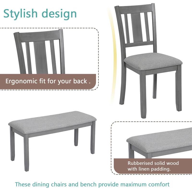 6 Piece Kitchen Dining Table Chairs Set Wooden Rectangular Casual Dining Table with 4 Upholstered Dining Chairs and Bench